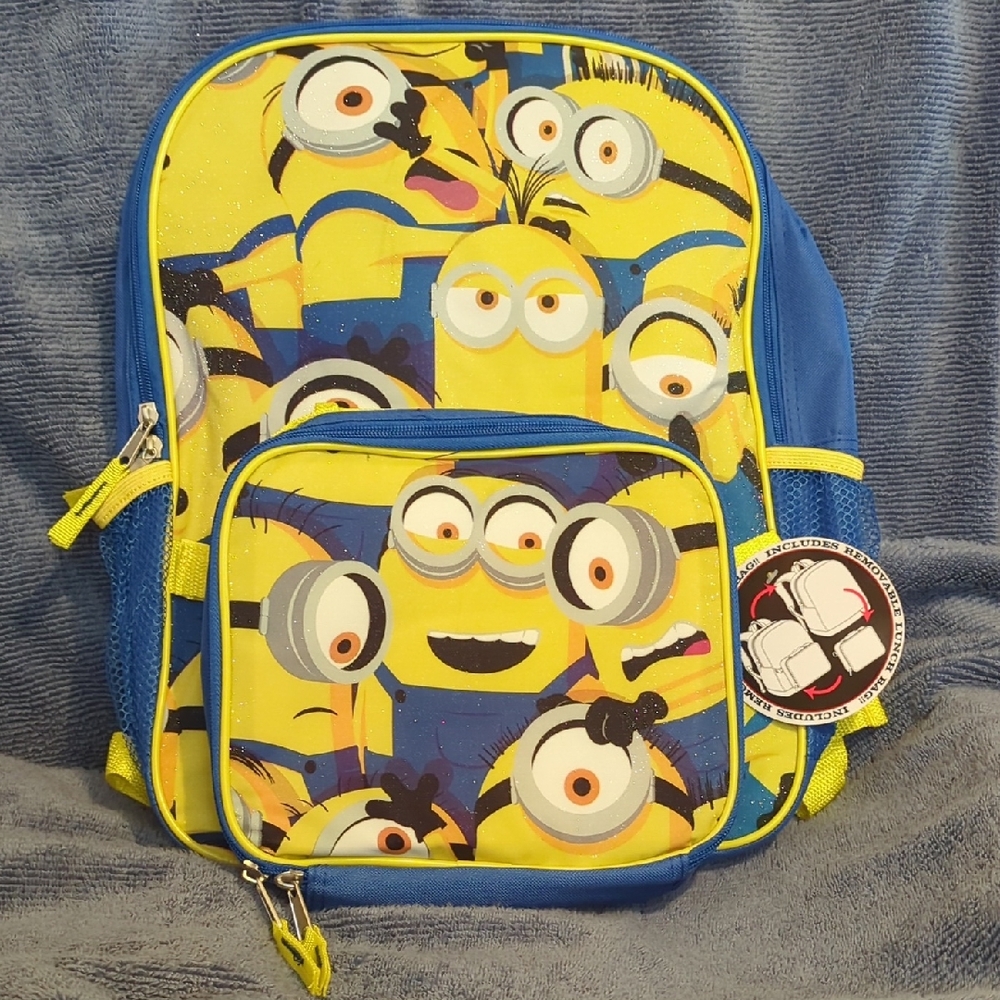 Minions Themed, Glittery Book Bag w/Attachable Lunch Bag, New